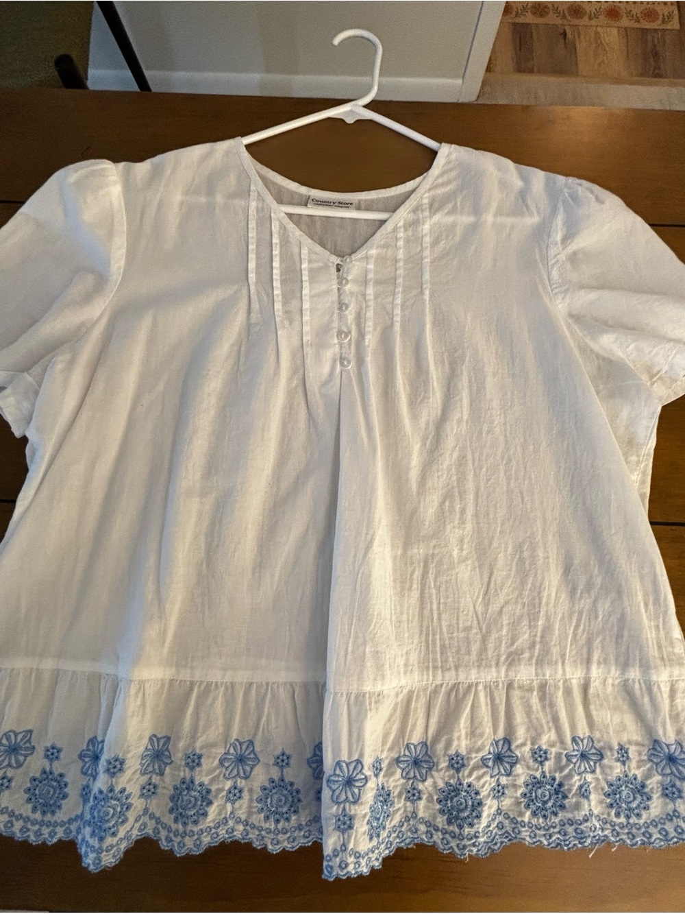White Cotton Peasant Top with Embroidered Blue Hem Detail